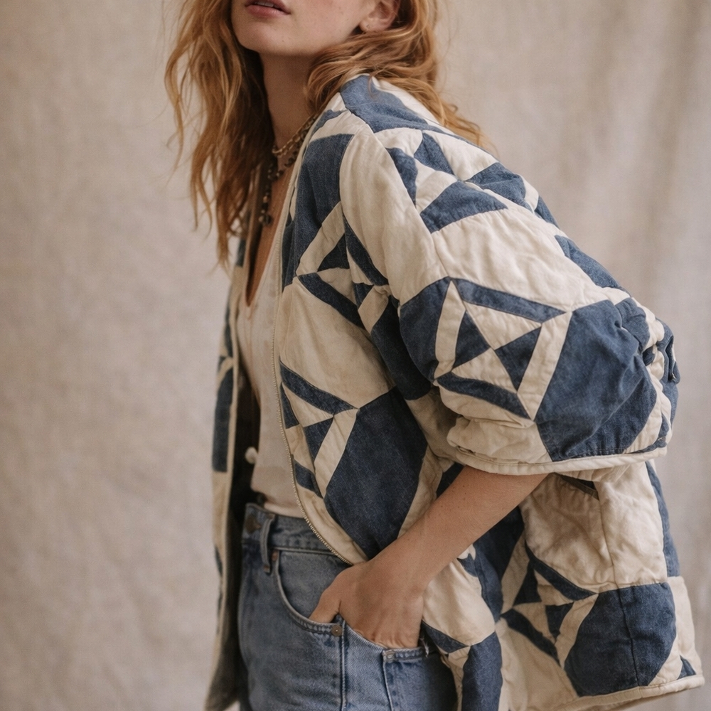 Quilted Patchwork Bomber Jacket in Blue & Cream - Picture 1 of 9